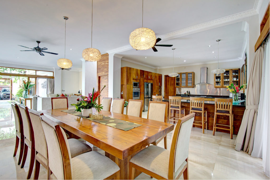 Open dining, kitchen and living